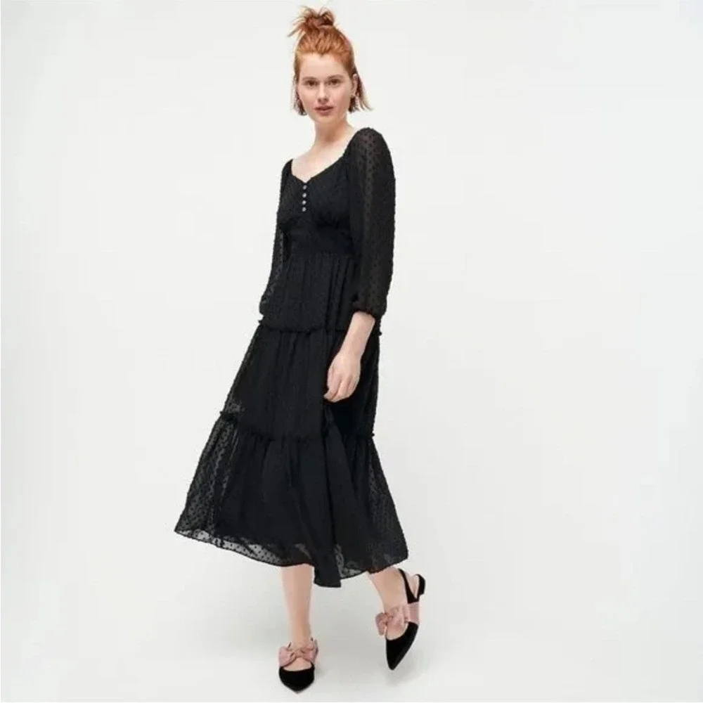 J. Crew Tiered Long-sleeve Midi Dress In Swiss Dot Black Size 4 Boho Party Work